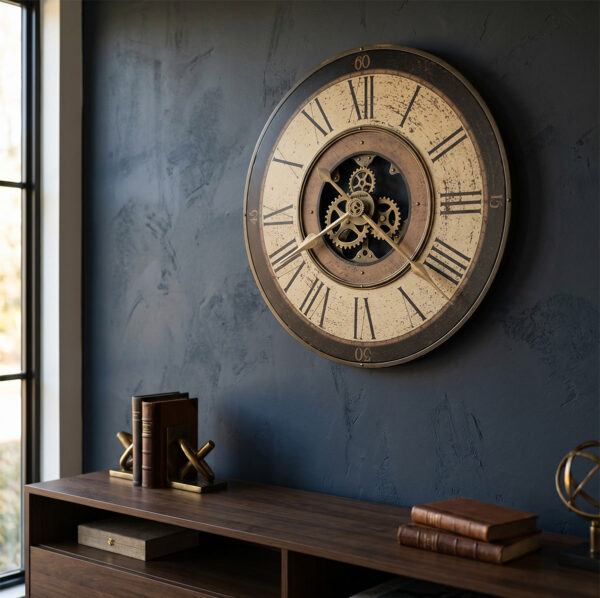 Antique Brass Rotating-Gear Wall Clock