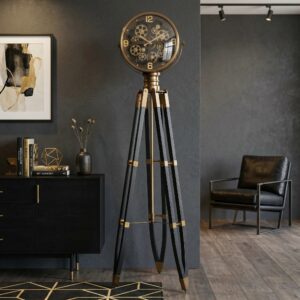 Black coffee tripod floor clock with antique brass gear dial