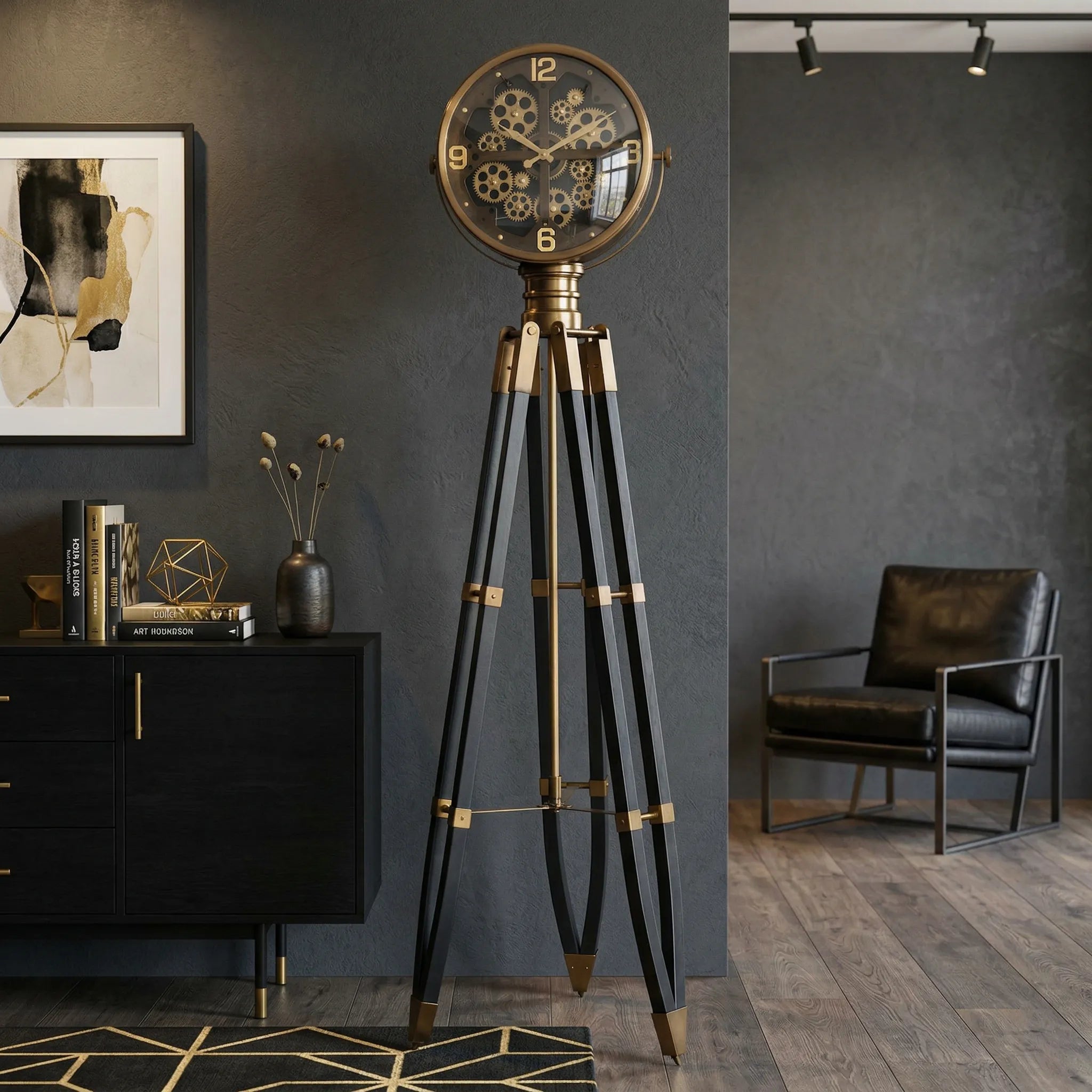 Black Coffee LED Gear Tripod Floor Clock