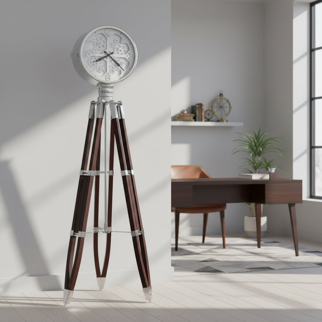 Polished Chrome LED Gear Tripod Floor Clock