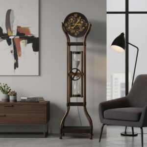 Aged bronze floor clock with hourglass and moving gear dial