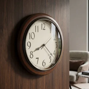 Medium brown round wall clock with off-white dial and charcoal numerals