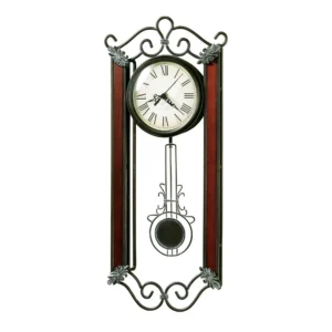 Cherry-tone scrollwork pendulum wall clock with antique dial