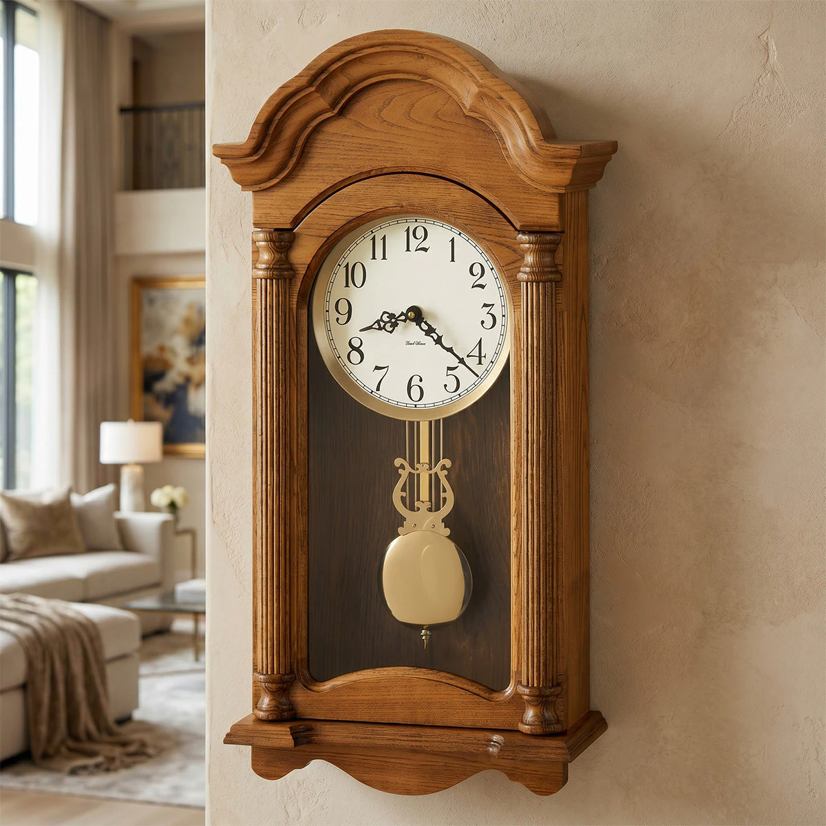 Golden Oak Dual-Chime Pendulum Wall Clock