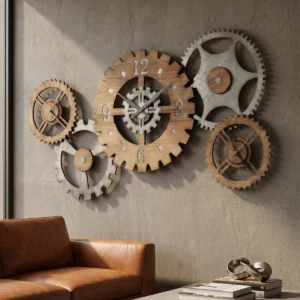 Galvanized gear wall clock with three functional dials