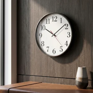 Black-and-white office wall clock with Arabic numerals