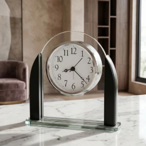 Arched glass alarm table clock with black side supports