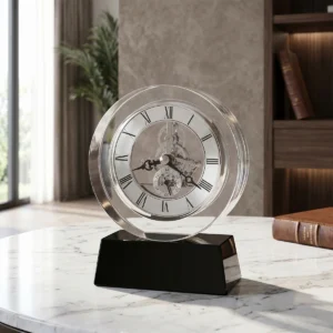 Clear crystal table clock with silver skeleton-style dial