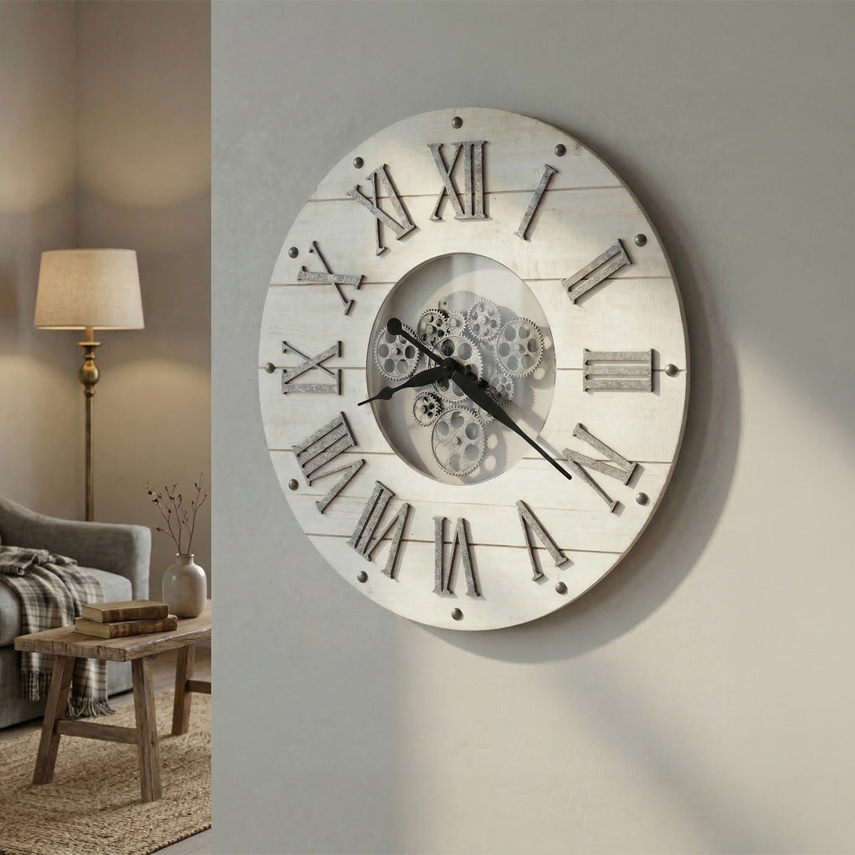 Antique White Moving-Gear Wall Clock