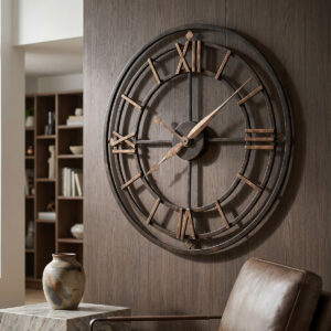 Aged iron open-frame wall clock with antique gold hands