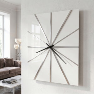 Gloss white square wall clock with chrome radial hour markers