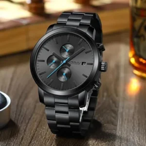 Black Stainless Steel Quartz Chronograph with Calendar