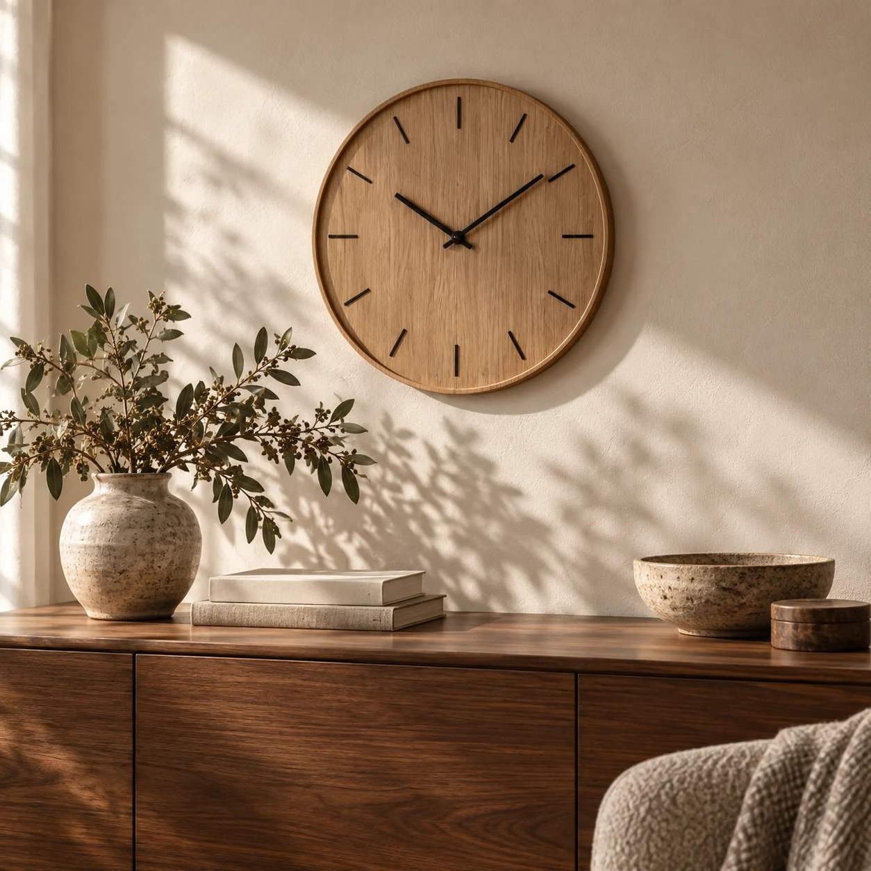 An oak wall clock above a wooden sideboard in a warm, sunlit room.