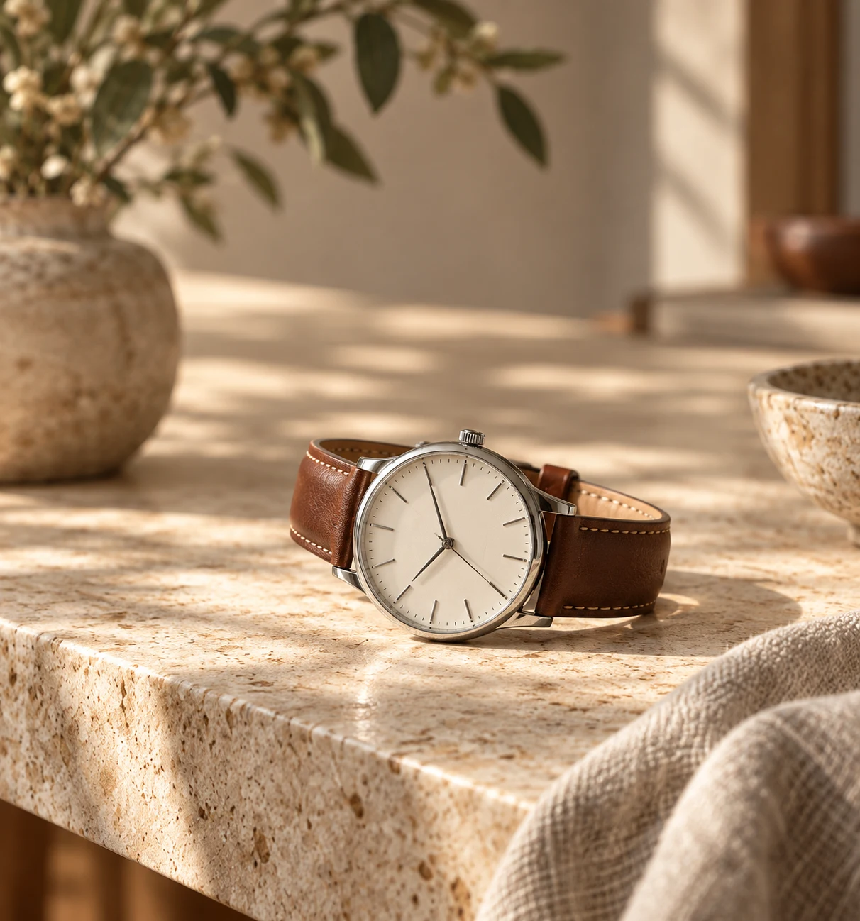 A brown leather watch on sunlit limestone, alongside soft ivory linen.