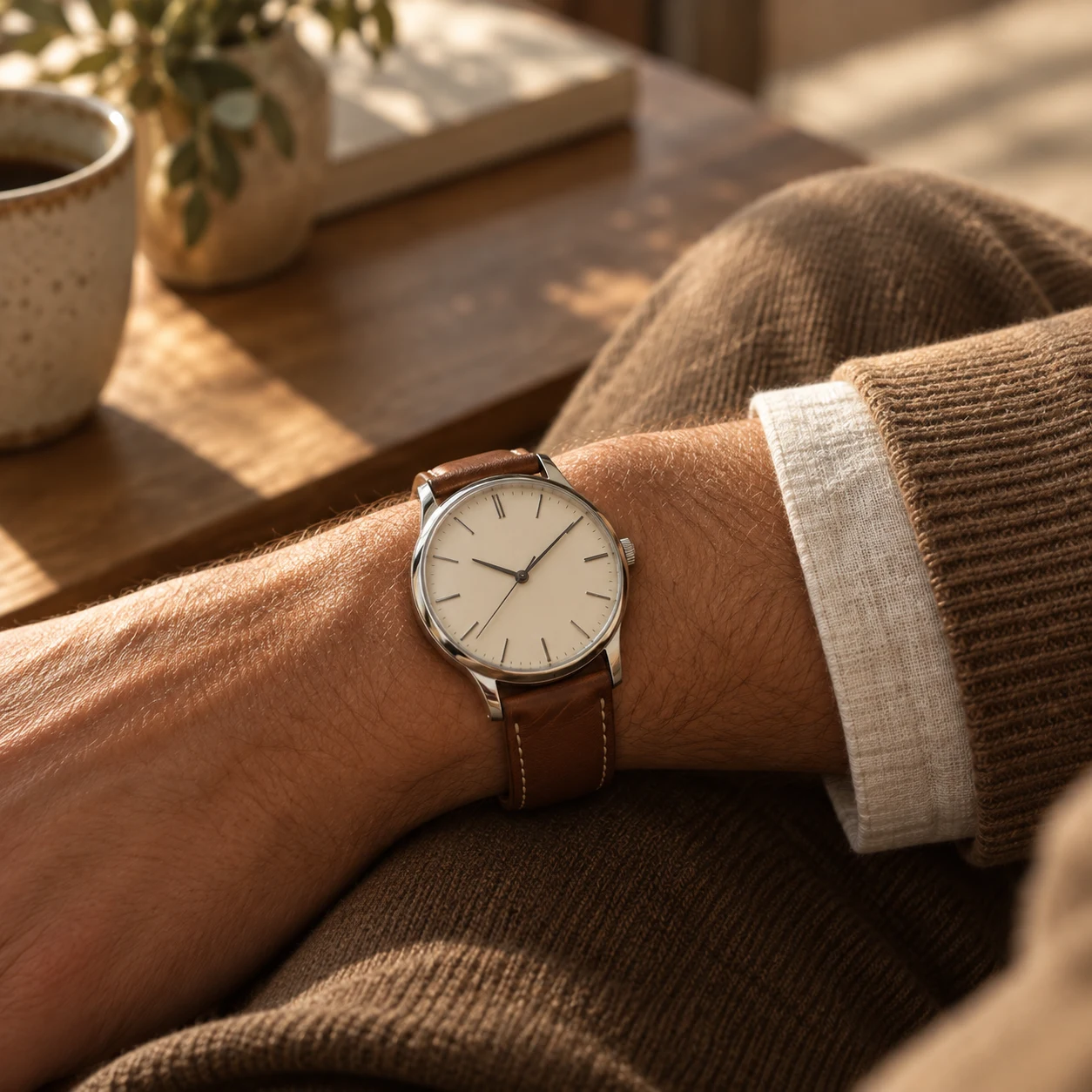 A silver watch with a brown leather strap, worn with relaxed neutral layers.